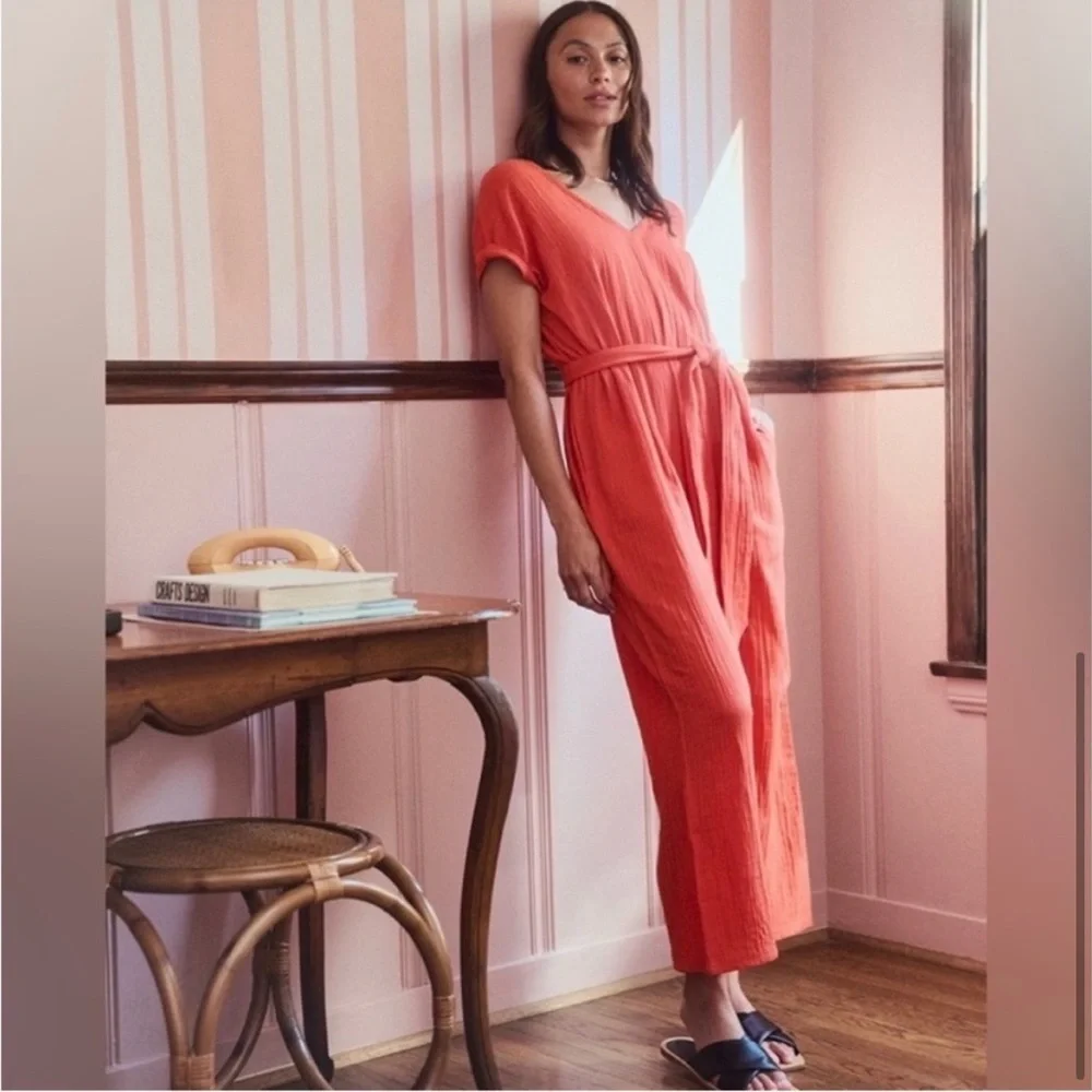 Pact Coastal Double Gauze Belted Jumpsuit Organic Cotton Red XS NWOT - Picture 2 of 16